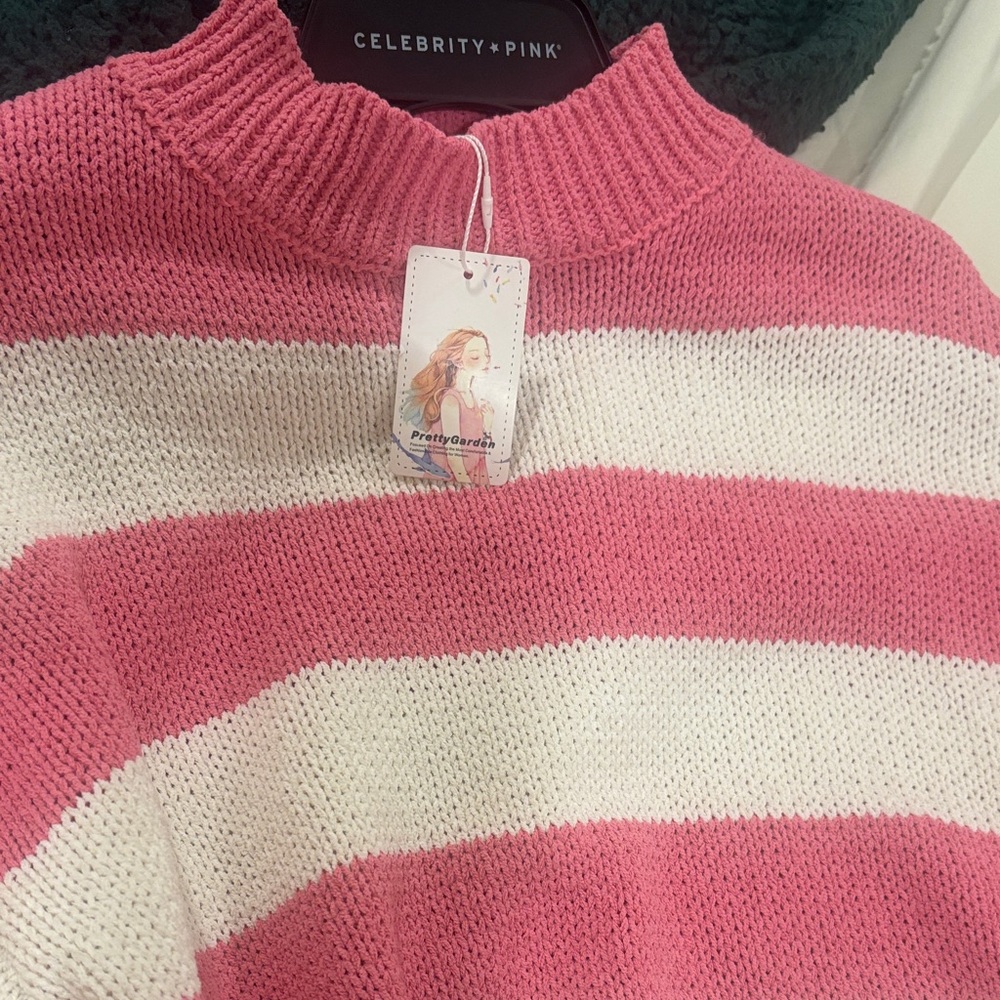 Celebrity Pink Striped Cowl Neck Sweater - Pink and White